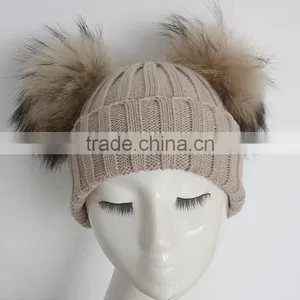 Myfur Cute Double Raccoon Fur Pom Poms Attached Ribbed Knitting Hat Wholesale thumbnail-2