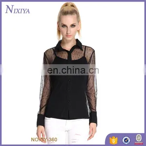 Factory Price Cheap Embellished Blouse, Black Mesh Blouse , Sexy See-through Blouse For Ladies thumbnail-1