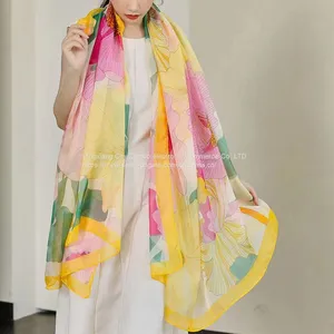 Beach Silk Scaves Moire Sunscreen Scarf Square Scarf Flowers Paintings High Quality thumbnail-3