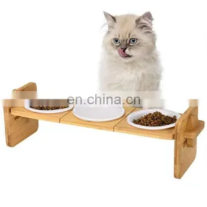 2022 Yellow Promotional Oem Cute Three Bowl for Dog Pet Milk Water Drinking Feeder Cat Paw Print Wood Stand Holder Bracket thumbnail-2