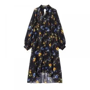 French Printed Loose Casual Hanging Neck Mid Length Dress for Women thumbnail-1