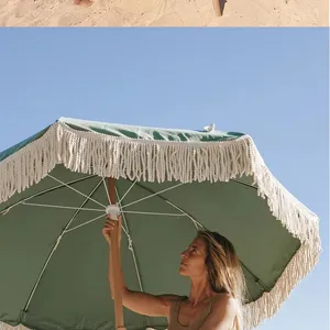 Wholesale 7FT Fringe Beach Umbrellas Outdoor Patio Umbrella OEM Customized UPF50+ Polyester With Aluminum Pole Windproof thumbnail-3