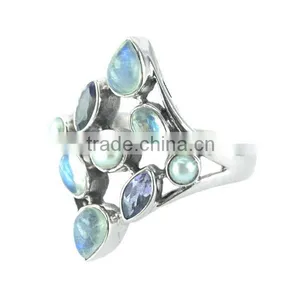 925 Sterling Silver Moonstone, Pearl and Amethyst Gemstone Ring Jewelry thumbnail-1