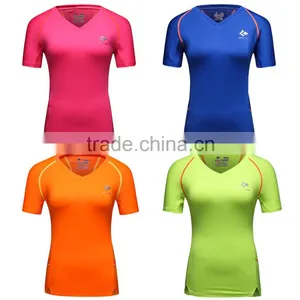 Custom Fashion Comfortable V-neck Plain Short Sleeve Compression Shirt Women 2016 thumbnail-1