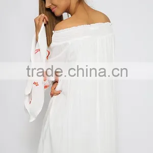 Hot-selling Off Shoulder Butterfly Sleeve Embroidered Stitch Tunic Dress thumbnail-6