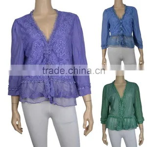 Trimming Lace Buttoned Shirt Green / Light Green Linen Blend Lace Front Closure Jacket thumbnail-1