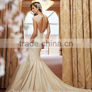 Champagne Color Satin Lace Cap Sleeve Mermaid Deep Backless Wedding Dress thumbnail-2