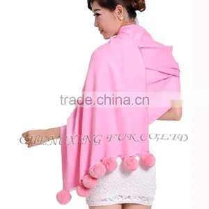 CX-B-P-42D Women Winter Genuine Mongolian Sheep Rabbit Fur Trim Pashmina Shawls With Fur thumbnail-4