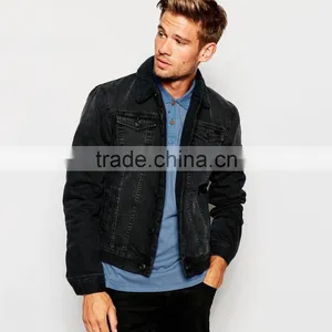 Fashion Wholesale Mens Black Denim Jacket With Fleece Collar thumbnail-1