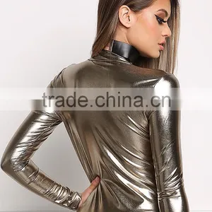 MGOO Custom Made Pewter Metallic Plunge Bodysuits Custom Long Sleeves V Neck Sexy PU Polyester Lycra Women Tops thumbnail-5