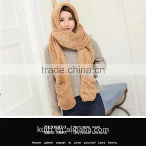 2016 Hot Fashion New Women Winter Warm Soft Plush Faux Fur Hooded Cap Hat Scarves Hood Pocket Gloves Scarf 4 Color thumbnail-4