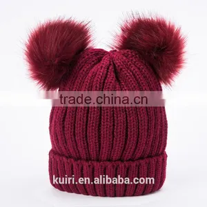 High Quality Cashmere Knitted Hat With Double Fur Poms KR-H010 thumbnail-1
