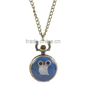 Round Antique Bronze Owl Pattern Halloween Enamel Blue Battery Included Pocket Watches 85cm thumbnail-1