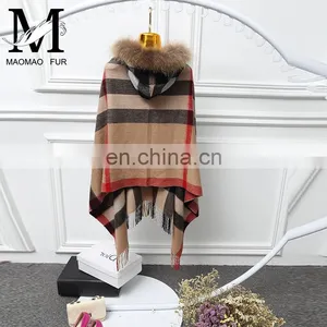 Fashion Women Real Raccoon Fur Hood Shawl Wool Cashmere Scarves Shawls thumbnail-2