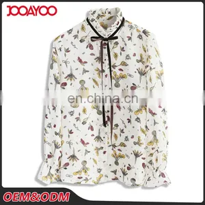Women Latest Fashion Blouse Designs Flora Printed Long Sleeves Sheer Chiffon Blouse thumbnail-1