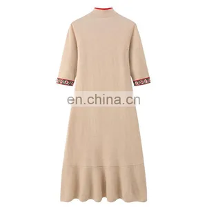 Autumn Luxury Slim Long Knitted 100% Cashmere Dress Ladies New Design Button Decoration Breathable Washable Floor-Length Natural thumbnail-2