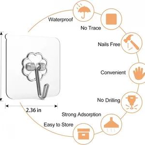 Adhesive Hooks, Sticky Hooks, Transparent Reusable Removable Adhesive Hooks for Hanging, Wall Hooks for Hanging Can be Use for Kitchen Bathroom Shower Outdoor Home Improvement thumbnail-2