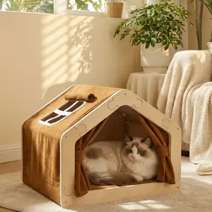 Solid Wood Pet House Cat Villa House for All Seasons Dog and Cat Pet Beds With Tent Semi-enclosed Insulation thumbnail-2