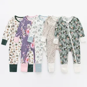 Factory Customization Toddler Infant Long Sleeve Bamboo Baby Print Romper Zipper Pajamas Climbing Suit thumbnail-1