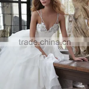 Spaghetti Straps Sweetheart Ivory Organza Wedding Dresses Sexy Open Back Bridal Gowns thumbnail-1