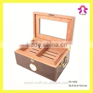 Noble Exquisite Wooden Luxury Fabric Cigar Humidor Gift Boxes With Glass Lid Cabinet Hygroscope Storage Glasstop Tobacco Box thumbnail-4
