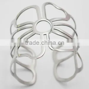 Stainless Steel Wide Plain Silver Flower Cuff Bangle Jewelry thumbnail-1