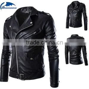 New Fashion Men's Jackets Short Slim Collar Motorcycle Leather Jacket Coat thumbnail-1