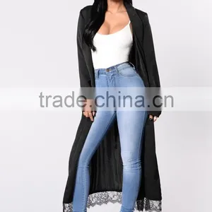 Outwear Casual Cover up Women 100% Polyester Light Weight Mock Pockets Lace Trim Hem Long Sleeve Duster Jacket thumbnail-2