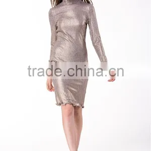 2017 New Arrival Metallic Gold Knitted Sweater Long Sleeve Hight Neck Tight Fit Pullover & Skirt Co-ord Set thumbnail-5