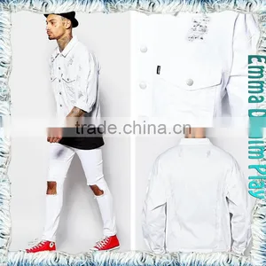 Street Design Soild White Denim Ripped Jackets for Mens thumbnail-1