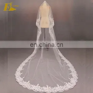 Real Pictures Long Ivory Wedding Veil With Lace Hem Online Sale thumbnail-1