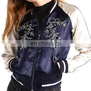 Hot Selling Woman Embroidered Satin Baseball Jacket Wholesale thumbnail-3