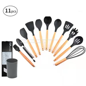 Non Stick Spatula Set Contains 12 Pieces of Bucket Creative Food Grade Hengshao Tools, Wooden Handle Silicone Kitchenware thumbnail-5
