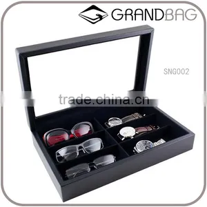 Custom Genuine Leather Glasses Case Watch Storage Box Jewelry Display Case With Glass Top thumbnail-1