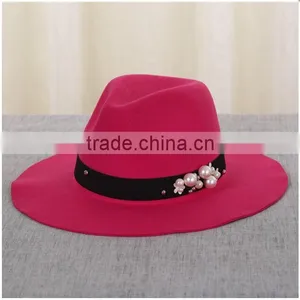 Custom Female Fedora Hat Ribbon Beads Imitation Wool Hat Wide-brimmed For Autumn Winter thumbnail-1