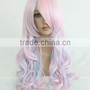 Fashion Lolita Heat Resistant Long Curly Light Blue Mixed Pink Hair Wig N414 thumbnail-1