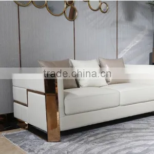 Special Design Italian Stainless Steel Sofa Set With Leather Upholstery, Metal Sofa Covered With Genuine Leather(MOQ=1 SET) thumbnail-2