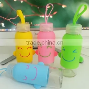 X008 Portable 300ML Glass Bottle Student Bottle With Silicone Sleeve Smile Water Sport Bottle thumbnail-3