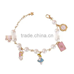 Enamel Rabbit Pumpkin Carriage the Playing Cards Clock Charms Bracelet Pearl Linked Bracelet With Assorted Charms thumbnail-1