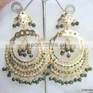Green Beads Gold Plated Jadau Pearl Temple Dangler EARRINGS thumbnail-1