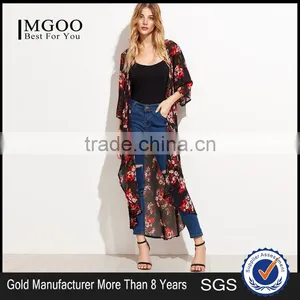 Custom Flower Print Women Soft Comfortable Beachwear Outwear Black Floral Longline Chiffon Kimono thumbnail-1