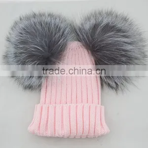 Myfur Bright Orange Wool Beanie With Detachable Double Real Silver Fox Fur Pompoms thumbnail-5