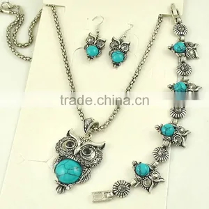 Top Green Red Blue Turquoise CZ Owl Necklace Bracelet Earrings Vintage Silver Jewelry Set thumbnail-4
