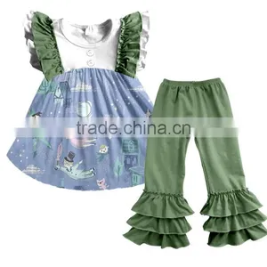 CH00313YIWU BOYA Cotton Milk Silk Ruffle Dress Kids Clothes Flying Kids Prints Wearing Boutique Dress thumbnail-1