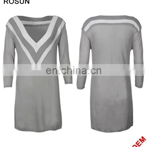 Ladies V-neckline Uniform Pattern Long Knit Dress in Gery thumbnail-1