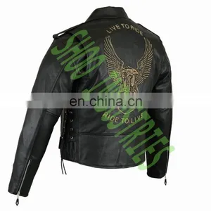 Classic BRANDO Black Blue Flame Men's Motorcycle Biker Hide Real Leather Jacket thumbnail-2