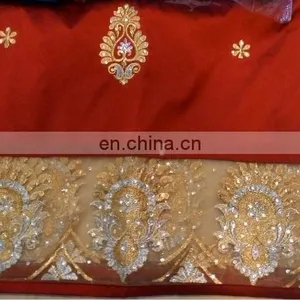 Stones Handwork Nigerian African New Design 100 % Raw Silk George Fabric Wrapper thumbnail-1