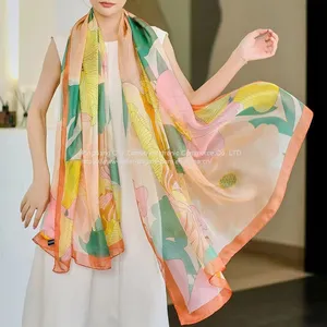 Moire Sunscreen Silk Scarf Beach Scaves Square Scarf Flowers Paintings High Quality thumbnail-1