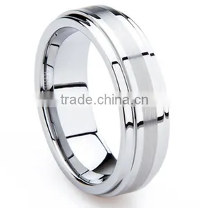 Mens Wedding Band Brushed Center Step Edge High Polish Tungsten Carbide Ring thumbnail-1