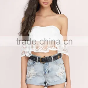 2016 Off Shoulder Pink Lace Crop Top thumbnail-5